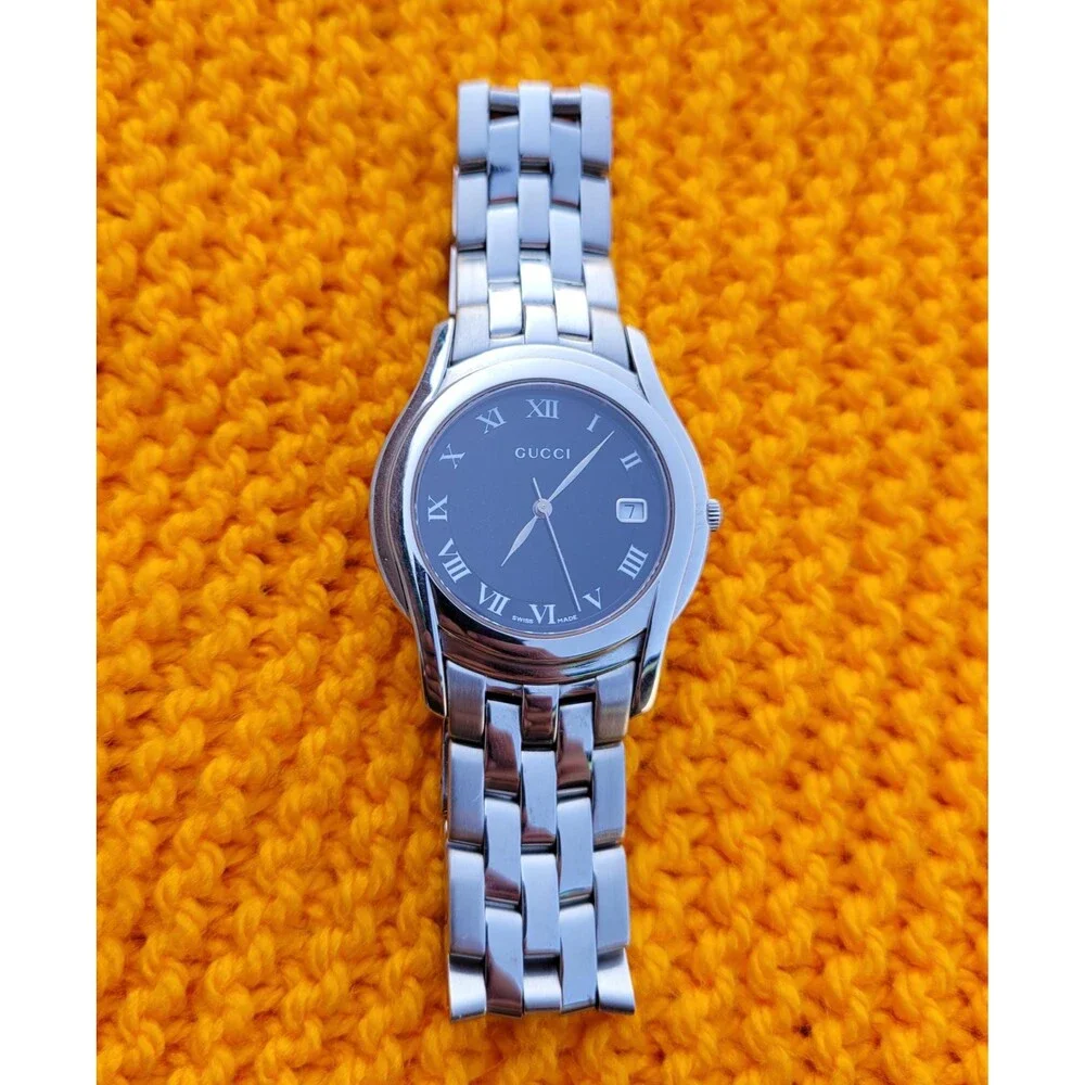 Gucci 5500M Black Stainless Steel Watch Swiss Quartz Roman Numeral Lrge Bracelet